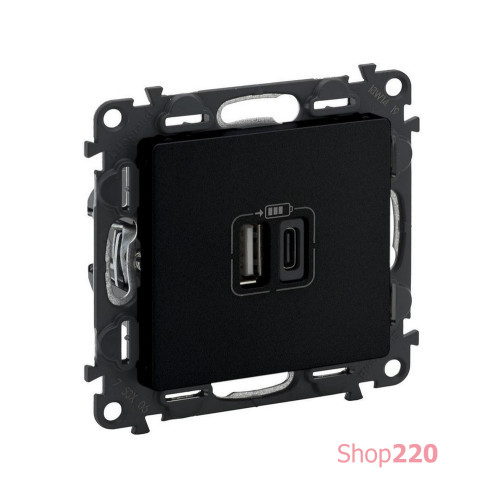 Розетка с двумя USB-разъемами тип A+ тип C, 240V/5V 3000мА, черный матовый, Valena Life 756306 Legrand