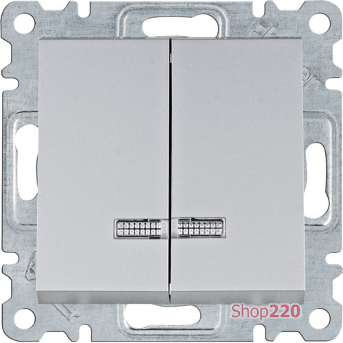 Выключатель двухклавишный с подсветкой, серебристый, Lumina WL0242 Hager