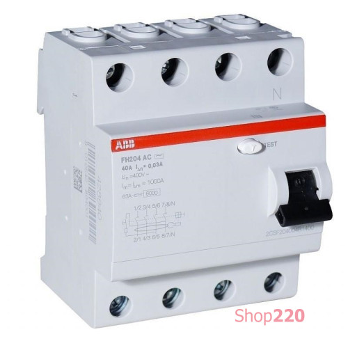 УЗО 40А, 30мА, 4 полюса, тип АС, ABB FH204AC-40/0,03