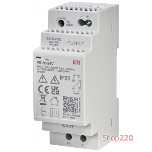 Блок питания PS-30-24 (Вход: 100-250V AC; Выход: 24V DC/30W/1,25A) ETI 2470133