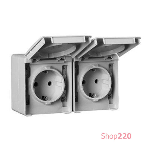 Розетка двойная с крышками горизонтальная наружная 2P+Z Schuko Efapel Waterproof 16А/250В, герметичная IP65, серый 48862 CCZ