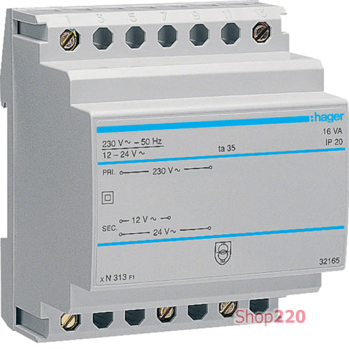 Трансформатор 220 / 24; 12 В, 16ВА, на дин-рейку, ST313 Hager