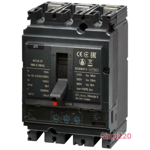 Автоматический выключатель 160A 3P, 36kA, (0.4-1)In/(1.5-10)Ir, NBS-E 160/3L ETI 4673055