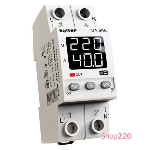 Реле напряжения с контролем тока 40А, белая индикация, VA-40A M2W DigiTop