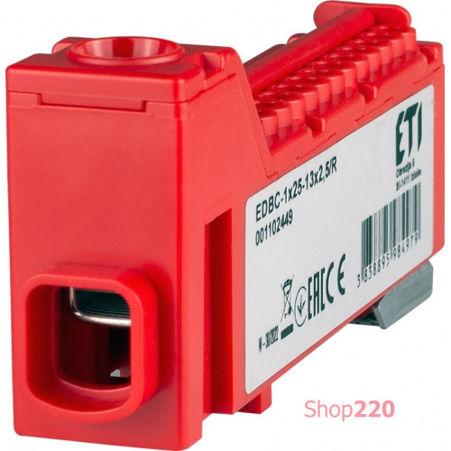 Распределительный блок 63A, IN: 1x25, OUT: 13x2,5; красный, EDBC-1x25-13x2,5/R ETI 1102449
