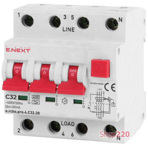 Трехфазный дифавтомат 32А, 30мА, кривая С, тип А, e.rcbo.pro.4.C32.30 Enext p0720017