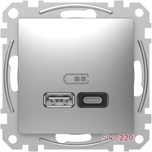 Розетка USB тип A+C 3A, 45W, алюминий, Sedna Design SDD113404