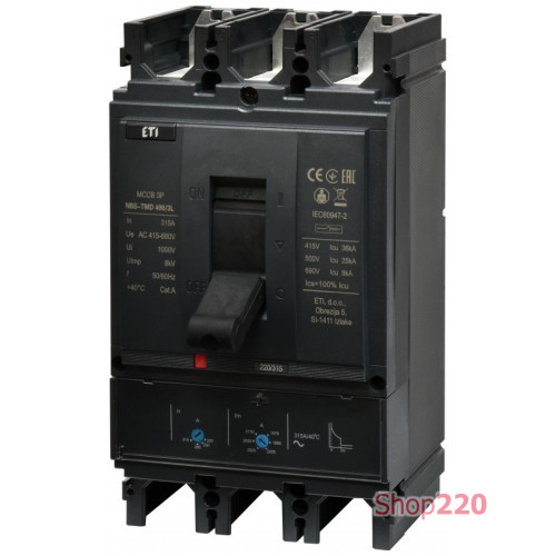 Автоматический выключатель 315A 3P, 36кА, (0.7-1)In/(5-10)In, NBS-TMD 400/3L ETI 4673101