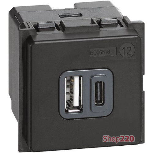 Механизм зарядного устройства USB тип - A/тип - С 3000мА 2 модуля. Bticino Living Now. K4287C2