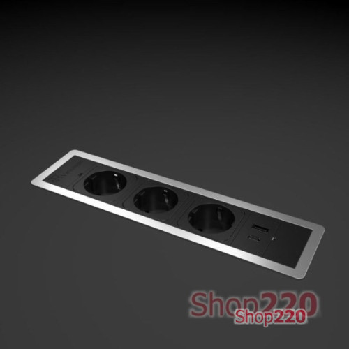 Врезной блок розеток 3х220В + USB тип С, алюминий, Versaframe ASA 060.40F.00007
