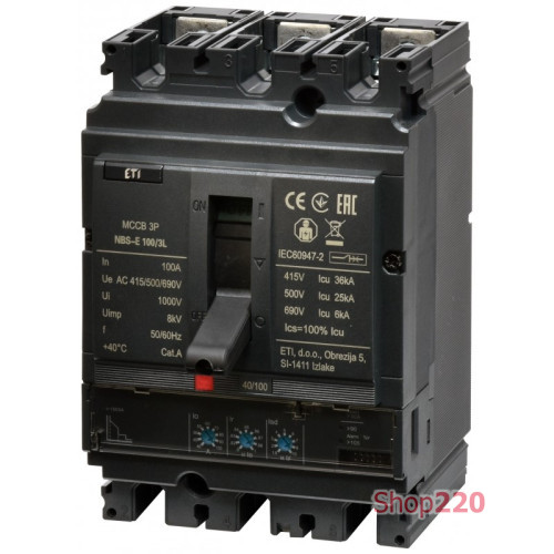 Автоматический выключатель 100A 3P, 36kA, (0.4-1)In/(1.5-10)Ir, NBS-E 100/3L ETI 4673041
