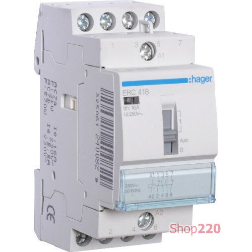 Контактор 230 В с ручным управлением, 16 А, 2 НО + 2 НЗ, ERC418 Hager