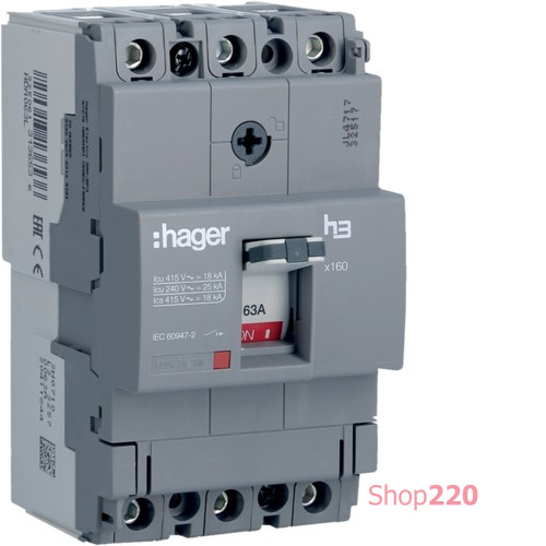 Автоматический выключатель x160, In=63А, 3п, 18kA, Тффикс./Мффикс. Hager HDA063L