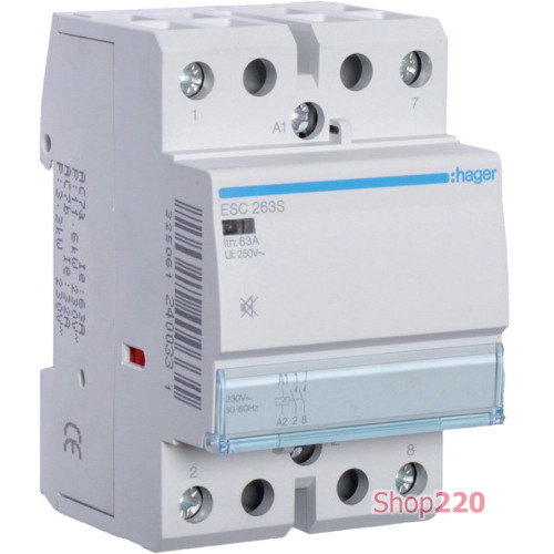 Контактор бесшумный 63 A, 2 НО, 230 В, ESC263S Hager