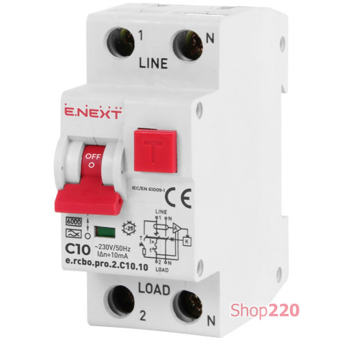 Дифференциальный автомат 10А, 10мА, кривая С, тип А, e.rcbo.pro.2.C10.10 Enext p0720002