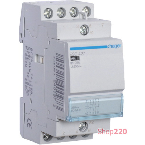 Контактор 230В 25 A, 2но + 2нз, Hager ESC427