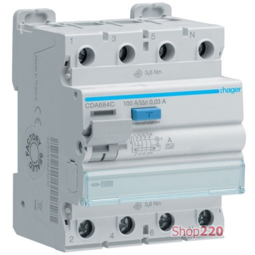 УЗО 100 A, 30 мA, тип A, 4 полюса, Hager CDA684C
