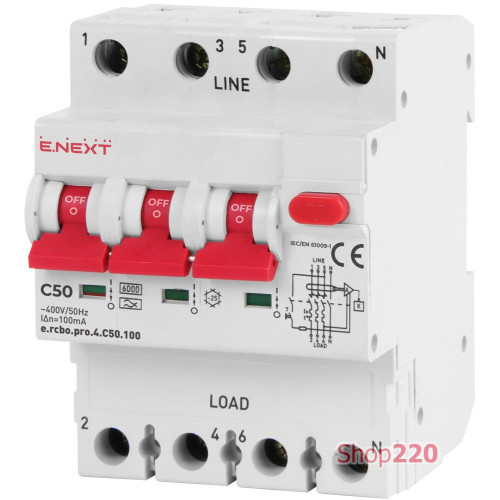 Трехфазный дифавтомат 50А, 100мА, кривая С, тип А, e.rcbo.pro.4.C50.100 Enext p0720025