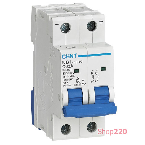 Автомат постоянного тока 500В DC, С 1А, 2 полюса, 6kA, NB1-63DC Chint 182713