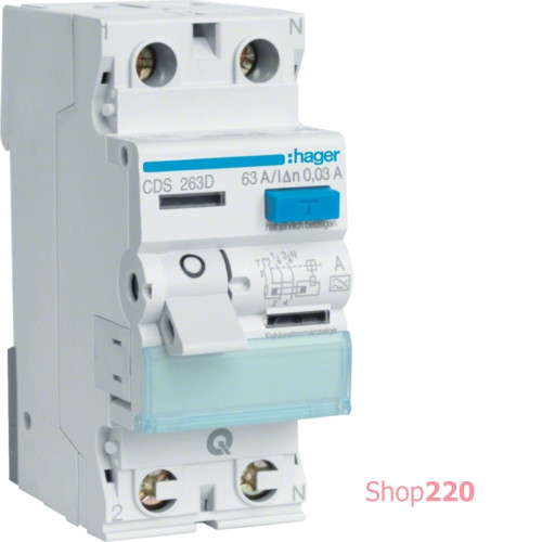 УЗО 63 А, 30 мА, тип А, 2 полюса, клеммы QuickConnect, CDS263D Hager