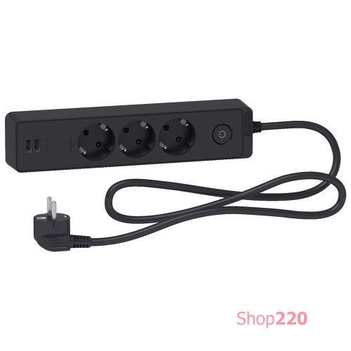 Удлинитель на 3 розетки + USB, шнур 1,5м, черный, Unica Extend ST943U1B Schneider