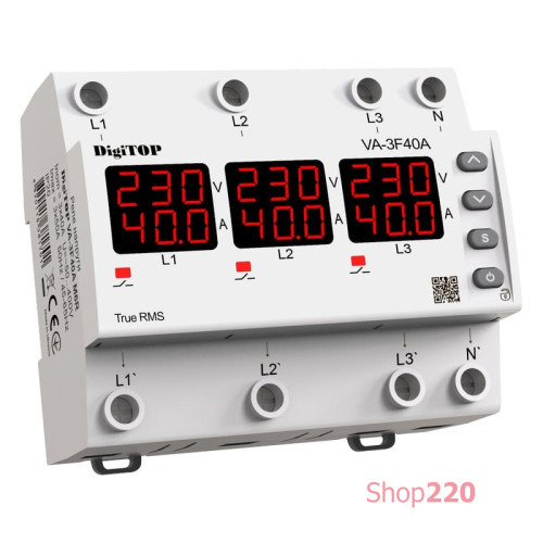 Реле напряжения с контролем тока 40А трехфазное, VA-3F40A M6R DigiTop