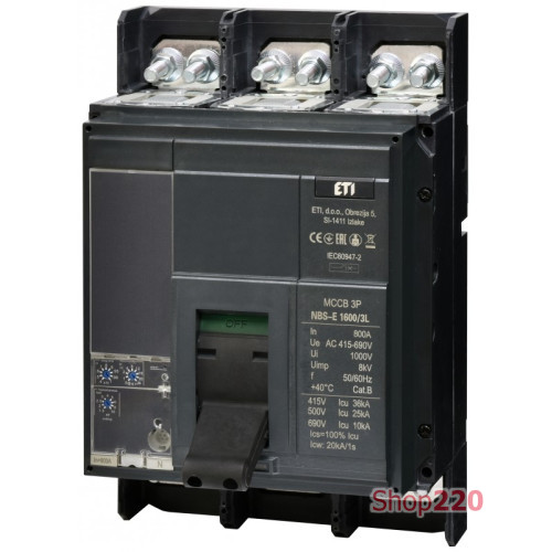 Автоматический выключатель 800A 3P, 36kA, (0.4-1)In/(1.5-10)Ir, NBS-E 1600/3L ETI 4673160