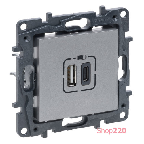 Розетка USB тип А+C 12Вт+15Вт 5В, алюминий, Niloe Step Legrand 863340B