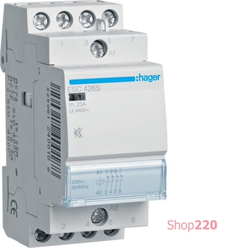 Контактор бесшумный 25A, 4НЗ, 230В Hager ESC426S