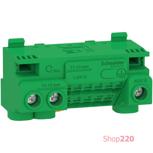 Клеммный блок PE, 14 выходов, 3x25 мм кв + 11x4 мм кв, Schneider Electric LGYT1E14 LGYT1E14