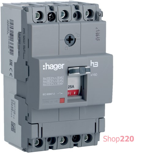Автоматический выключатель x160, In=25А, 3п, 18kA, Тффикс./Мффикс. Hager HDA025L