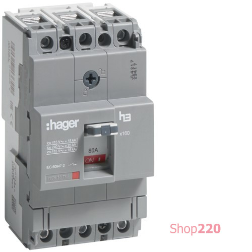 Автоматический выключатель x160, In=80А, 3п, 18kA, Тффикс./Мффикс. Hager HDA080L