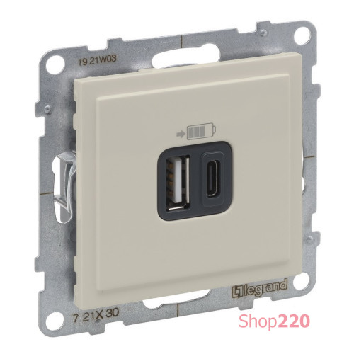 Розетка USB Тип А+C, 12Вт+15Вт 5В, слоновая кость, Suno Legrand 721230