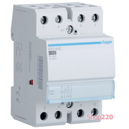 Контактор 230В 40 A, 2но + 2нз, Hager ESC442