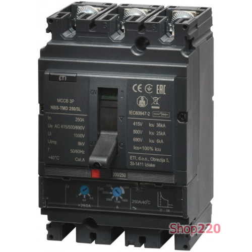 Автоматический выключатель 250A 3P, 36kA, (0.8-1)In/(5-10)In, NBS-TMD 250/3L ETI 4673072
