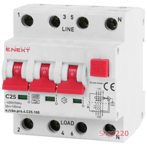 Трехфазный дифавтомат 25А, 100мА, кривая С, тип А, e.rcbo.pro.4.C25.100 Enext p0720022