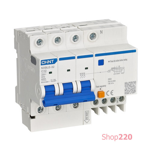 Дифавтомат C10A, 30mA, 3P+N, тип АС, 6kA, NXBLE-32 Chint 819511