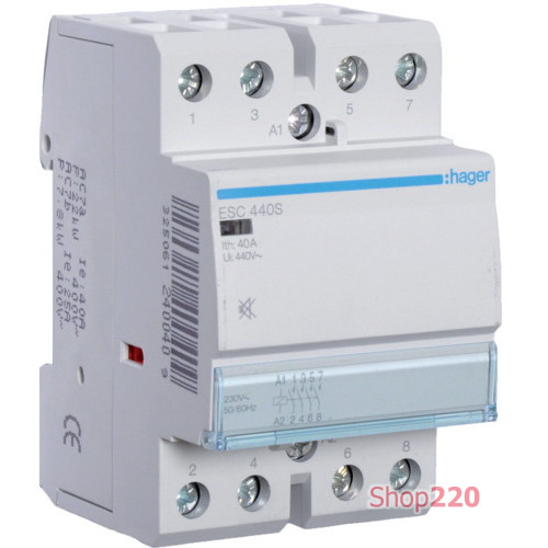 Контактор безшумный 230В 40 A, 4но, Hager ESC440S