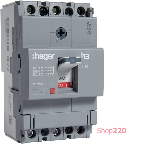 Автоматический выключатель x160, In=32А, 3п, 18kA, Тффикс./Мффикс. Hager HDA032L