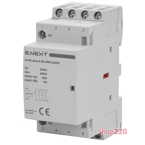 Модульный контактор 25А 4р 4NO, катушка 24В, e.mc.pro.4.25.4NO.24DC ENEXT p005305