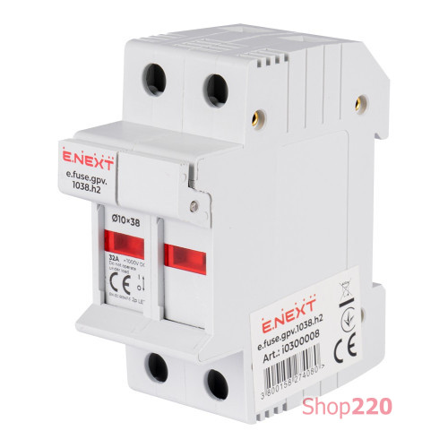 Держатель предохранителей 10х38 до 32А, DC, 2 полюса, на дин-рейку, e.fuse.gpv.1038.h2 Enext i0300008