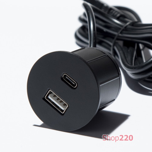 Розетка USB тип А+С в мебель, черный, Versapick ASA ASA-060.29Z.00037
