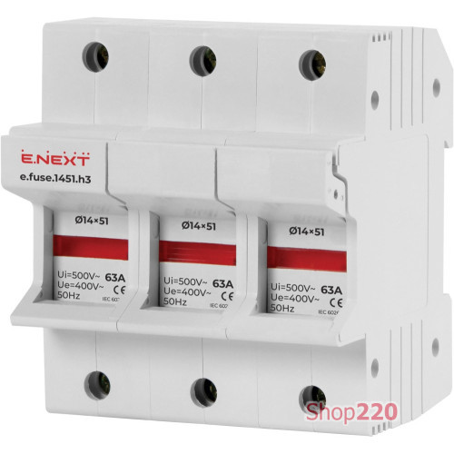 Держатель предохранителей 14х51 до 63А, 3 полюса, на дин-рейку, e.fuse.1451.h3 Enext i0300006