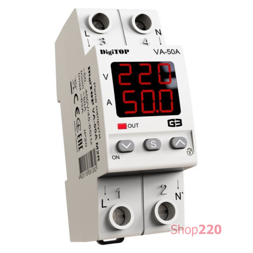 Реле напряжения с контролем тока 50А, VA-50A M2R DigiTop