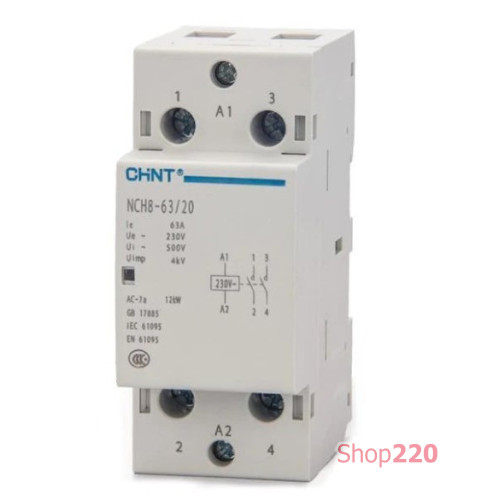Контактор модульный 63A, контакты 2NO, катушка 220В AC, NCH8-63/20 Chint 256093