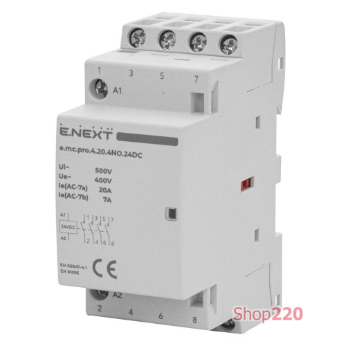 Модульный контактор 20А 4р 4NO, катушка 24В, e.mc.pro.4.20.4NO.24DC ENEXT p005319