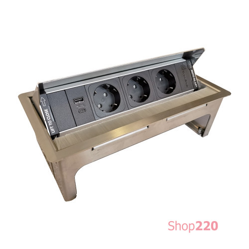 Выдвижной блок розеток в стол, 3х220В + USB A+C, нержавеющая сталь, Versanet ASA ASA-060.31F.00031