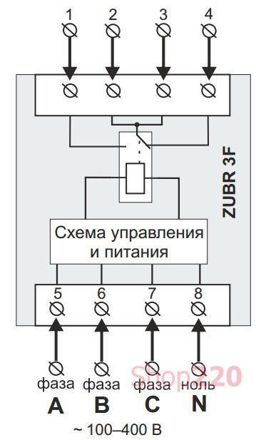 Упрощенная внутренняя схема трехфазного реле и схема подключения проводов