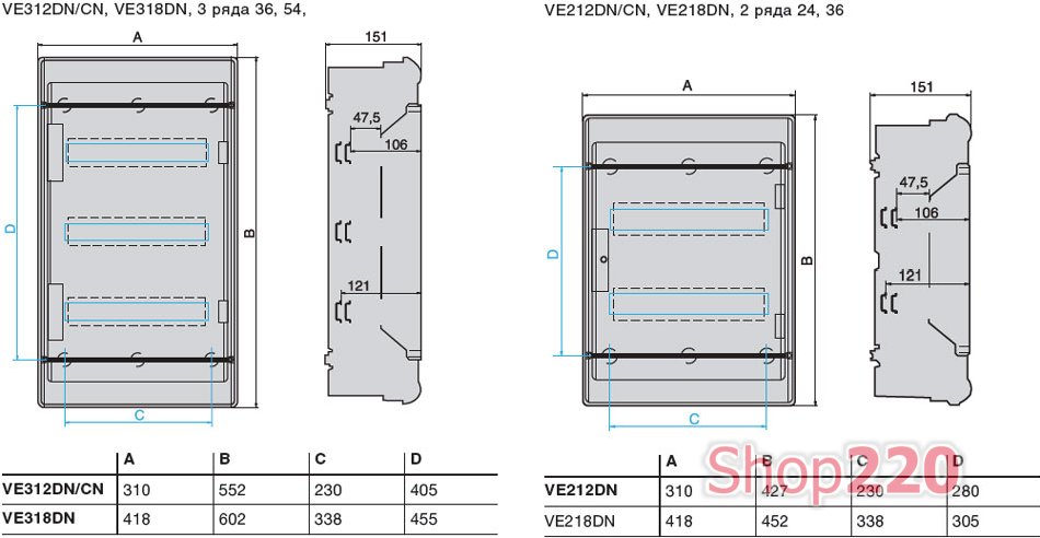 Габаритные размеры щитов Hager Vector IP65